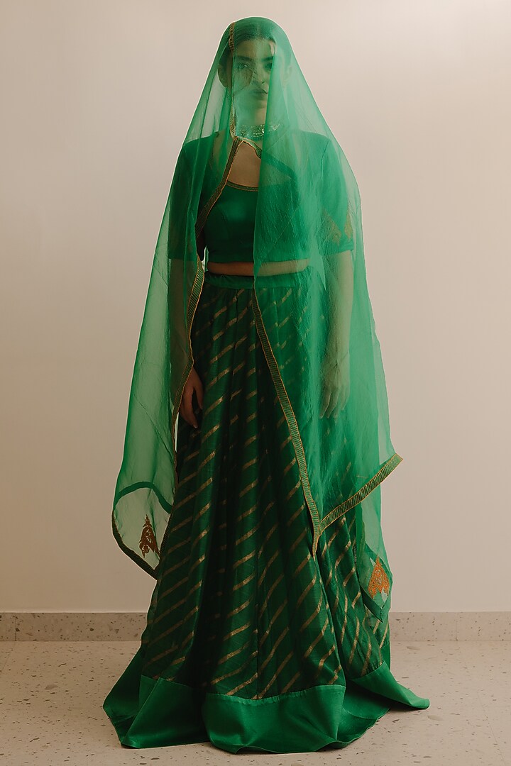 Green Handwoven Chanderi Silk Kalidar Leheriya Wedding Lehenga Set  by Kajal Agrawal at Pernia's Pop Up Shop