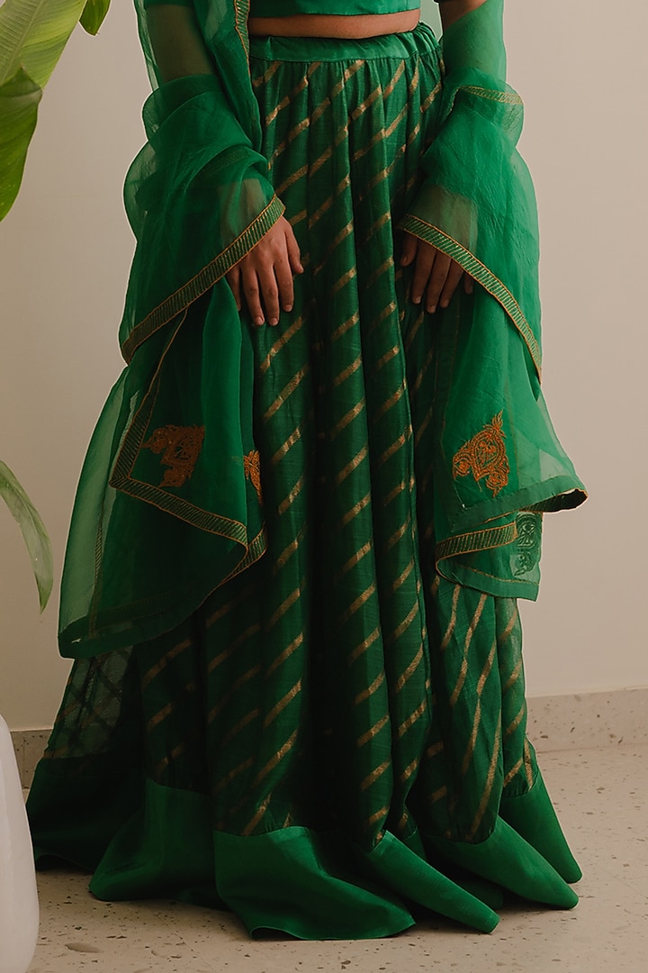 Green Handwoven Chanderi Silk Kalidar Leheriya Wedding Lehenga Set  by Kajal Agrawal at Pernia's Pop Up Shop