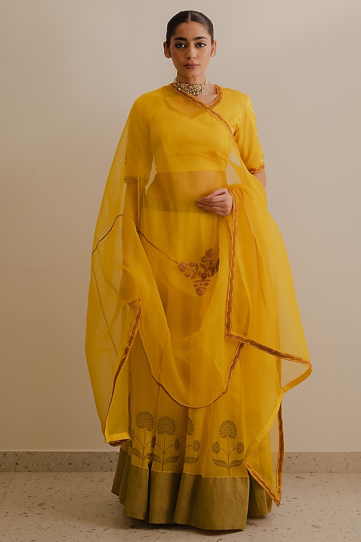 Yellow Handloom Chanderi Silk Floral Motif Work Kalidar Lehenga Set  by Kajal Agrawal