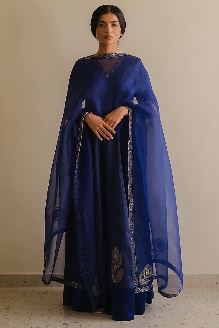 Blue Handloom Chanderi Silk Floral Motif Work Kalidar Lehenga Set by Kajal Agrawal