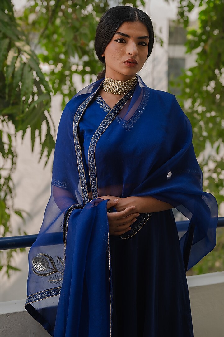 Blue Handloom Chanderi Silk Floral Motif Work Kalidar Wedding Lehenga Set by Kajal Agrawal at Pernia's Pop Up Shop