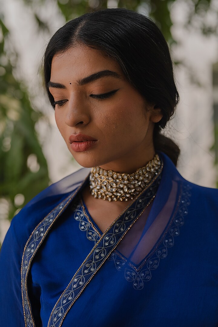 Blue Handloom Chanderi Silk Floral Motif Work Kalidar Wedding Lehenga Set by Kajal Agrawal at Pernia's Pop Up Shop