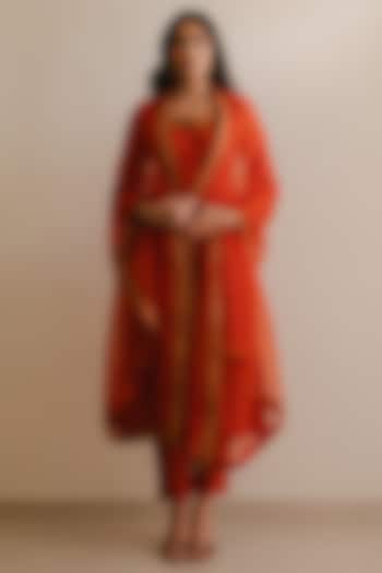 Rust Handloom Chanderi Silk Dori Marodi Embroidered Kurta Set by Kajal Agrawal at Pernia's Pop Up Shop