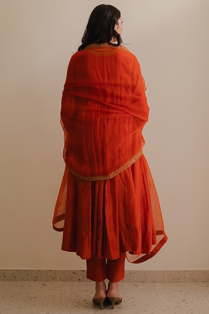 Rust Handloom Chanderi Silk Dori Marodi Embroidered Kurta Set by Kajal Agrawal at Pernia's Pop Up Shop