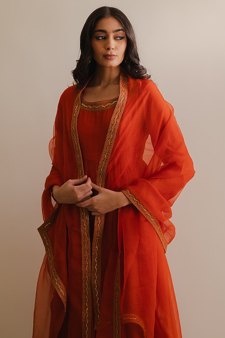 Rust Handloom Chanderi Silk Dori Marodi Embroidered Kurta Set by Kajal Agrawal at Pernia's Pop Up Shop