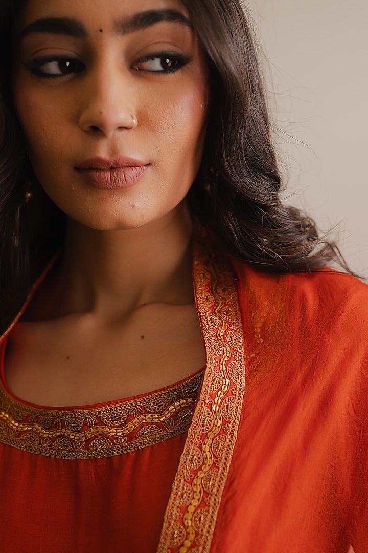 Rust Handloom Chanderi Silk Dori Marodi Embroidered Kurta Set by Kajal Agrawal at Pernia's Pop Up Shop