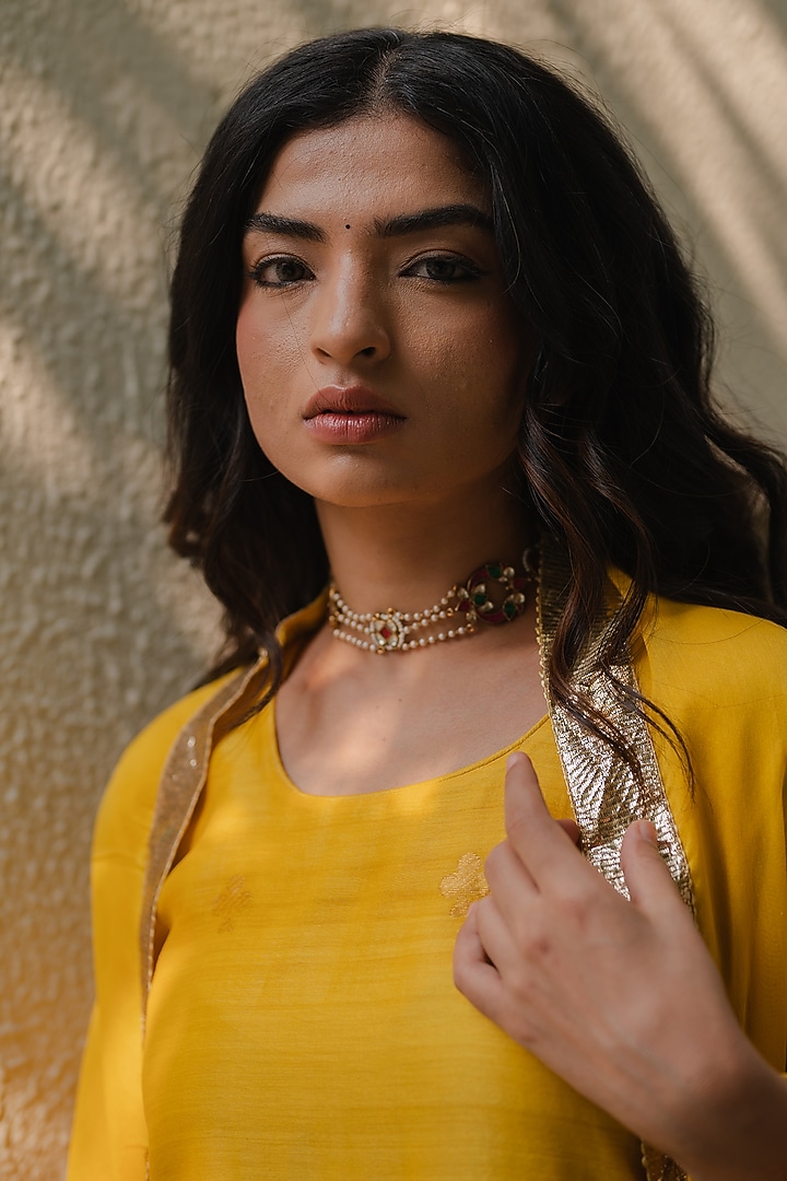 Yellow Handloom Chanderi Silk Kurta Set by Kajal Agrawal at Pernia's Pop Up Shop