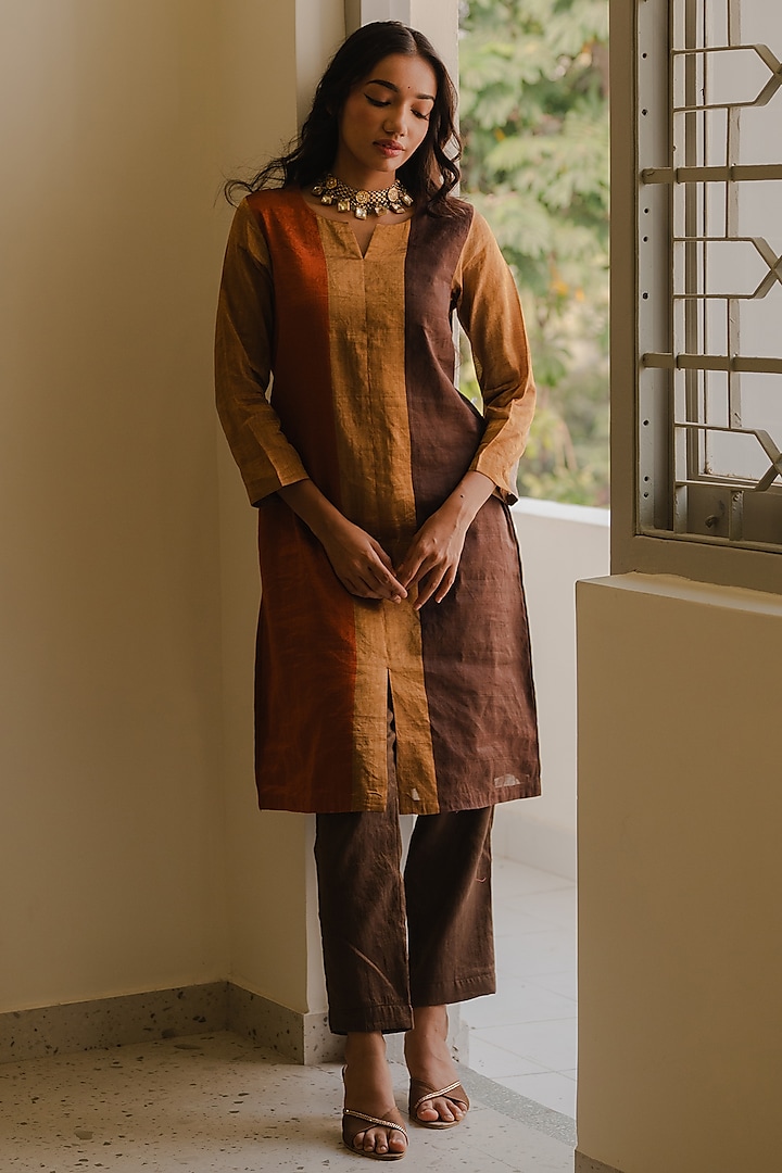 Multi-Colored Handloom Tissue Silk Kurta Set by Kajal Agrawal