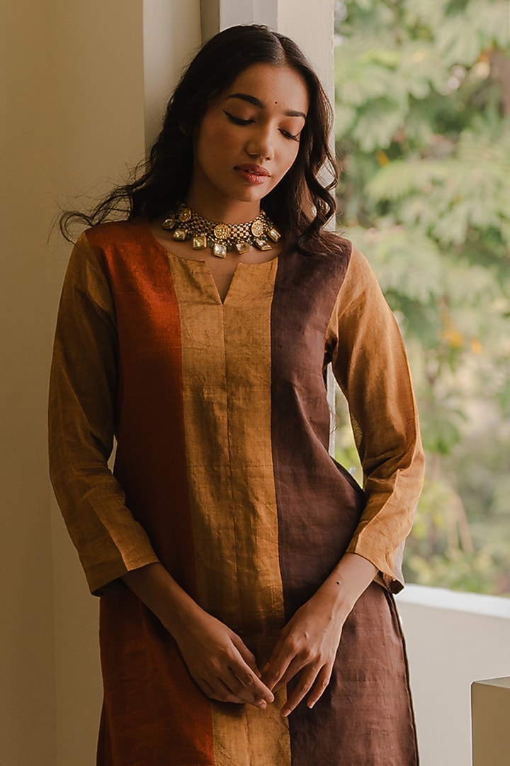 Multi-Colored Handloom Tissue Silk Kurta Set by Kajal Agrawal at Pernia's Pop Up Shop