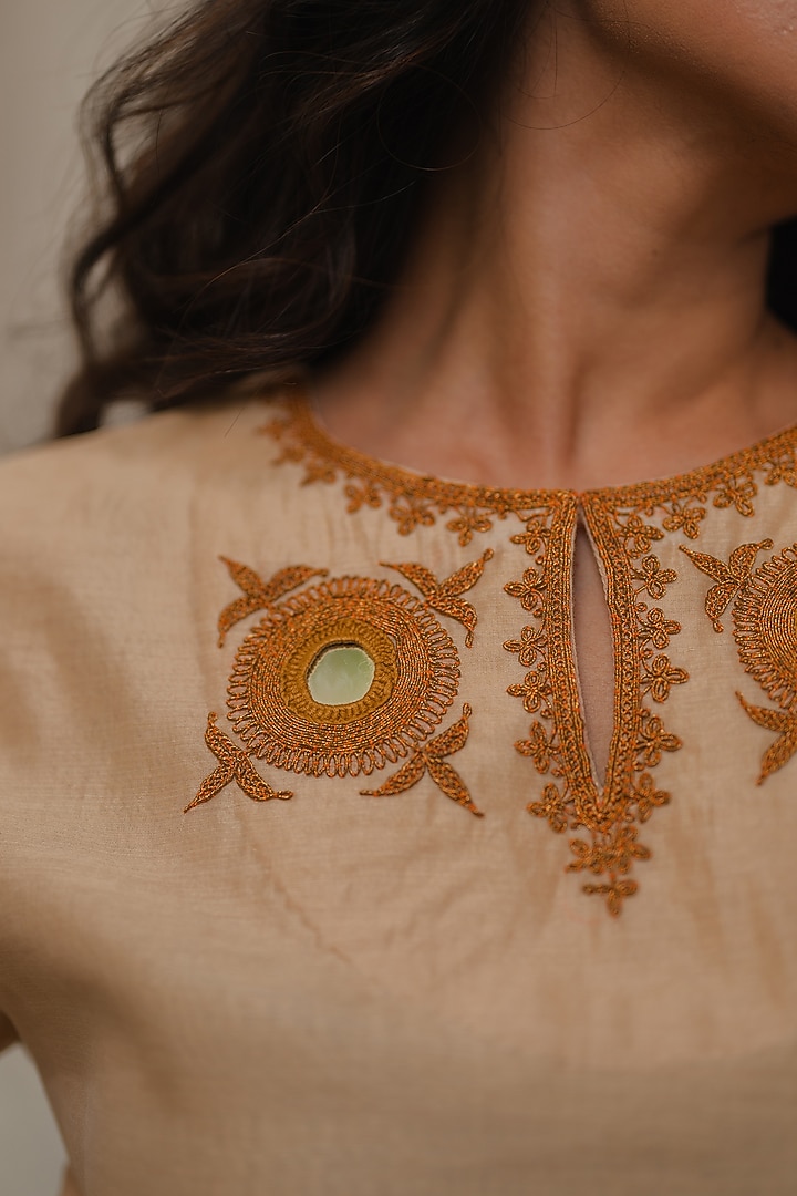 Beige Handloom Chanderi Silk Marodi Embroidered Kurta Set by Kajal Agrawal at Pernia's Pop Up Shop