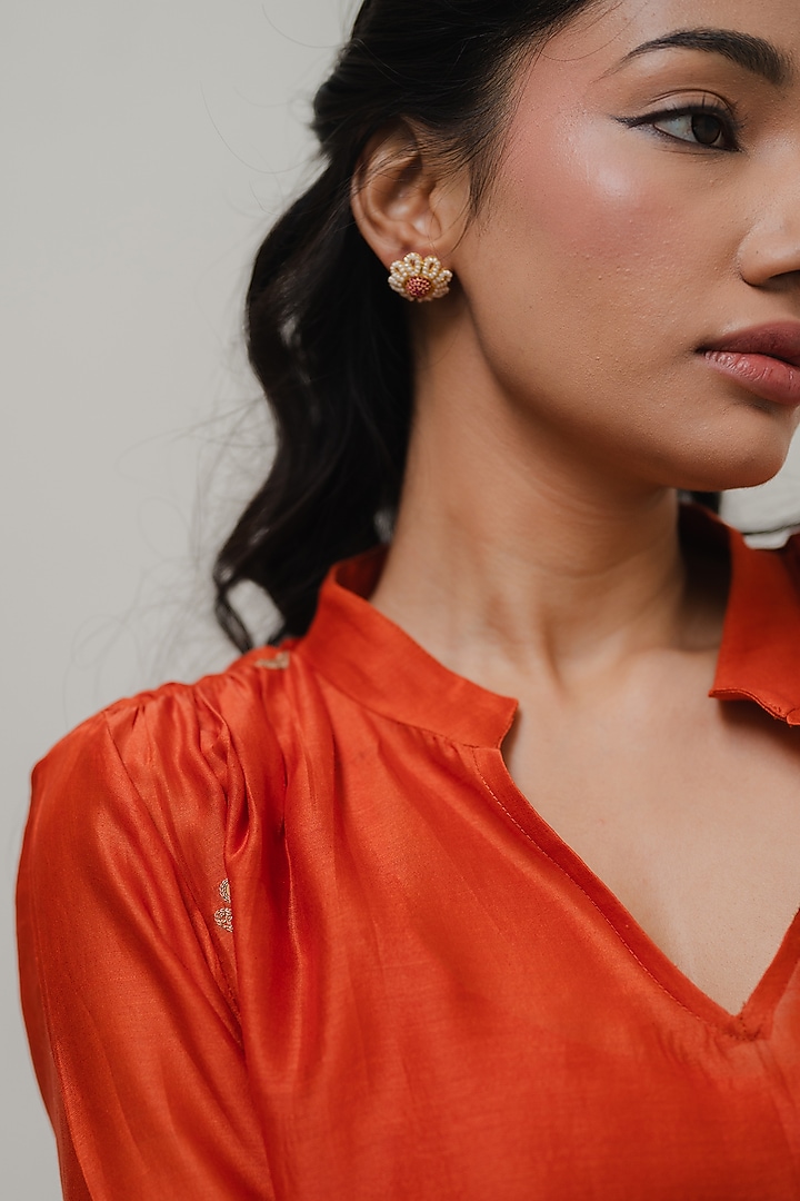 Rust Handloom Chanderi Silk Aari Embroidered Kurta Set by Kajal Agrawal at Pernia's Pop Up Shop