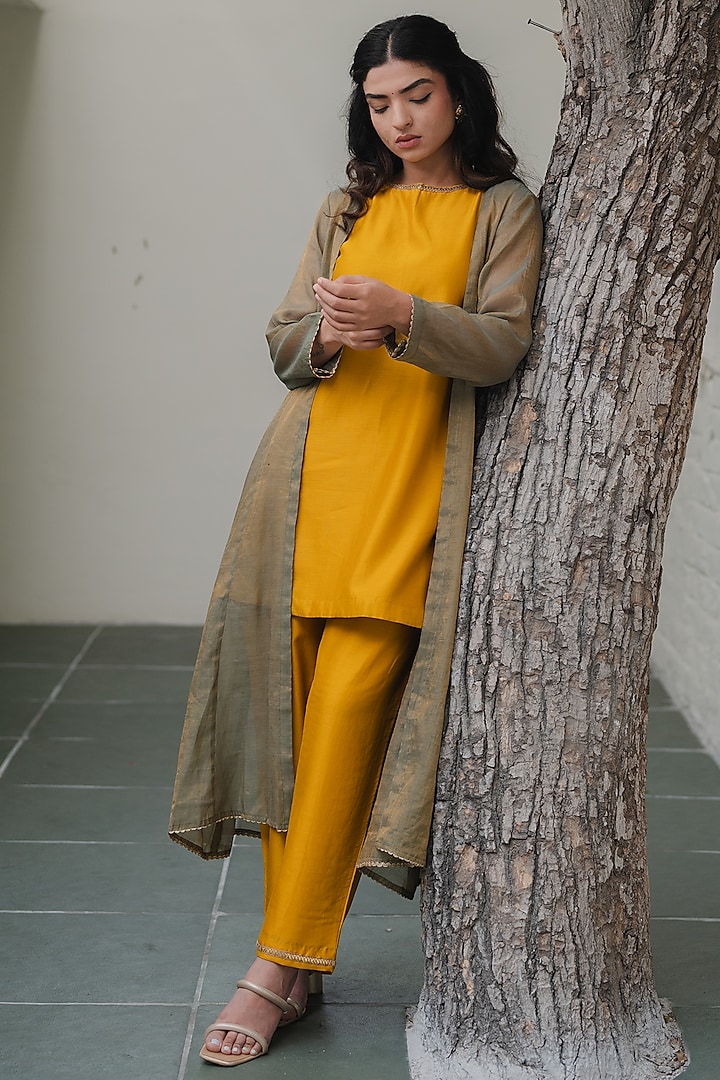 Green Zari Chanderi Silk Kalidar Jacket Set by Kajal Agrawal