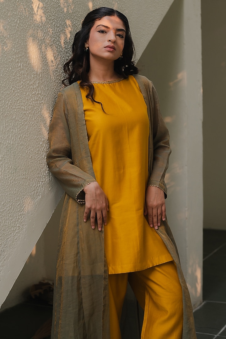 Green Zari Chanderi Silk Kalidar Jacket Set by Kajal Agrawal at Pernia's Pop Up Shop