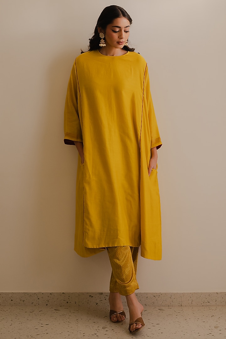 Mustard Handloom Chanderi Silk Kurta Set by Kajal Agrawal at Pernia's Pop Up Shop