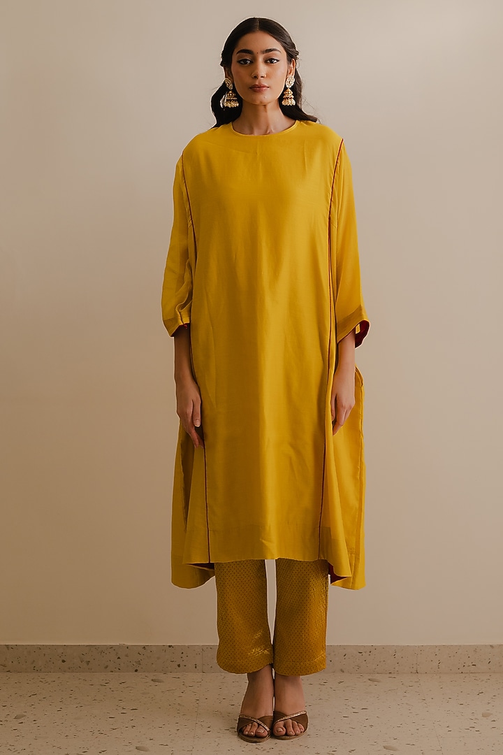 Mustard Handloom Chanderi Silk Kurta Set by Kajal Agrawal at Pernia's Pop Up Shop