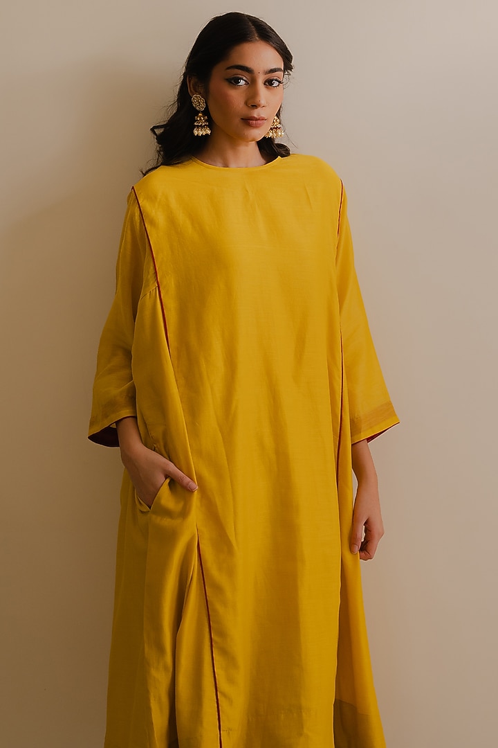 Mustard Handloom Chanderi Silk Kurta Set by Kajal Agrawal at Pernia's Pop Up Shop