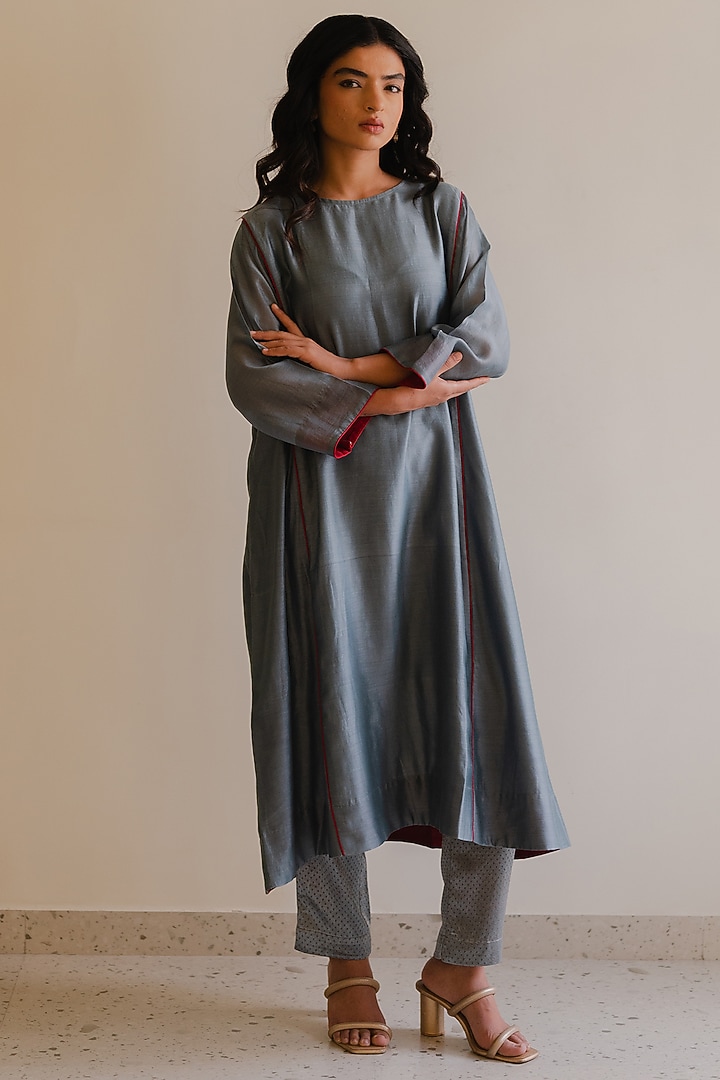 Grey Handloom Chanderi Silk Kurta Set by Kajal Agrawal at Pernia's Pop Up Shop