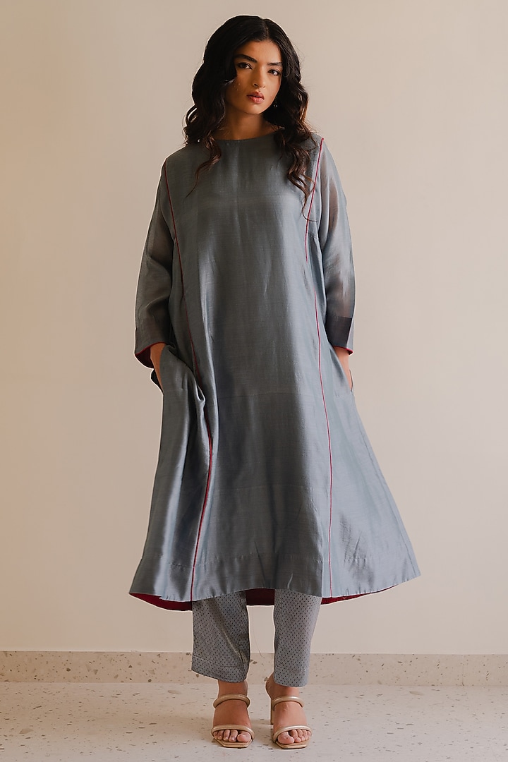 Grey Handloom Chanderi Silk Kurta Set by Kajal Agrawal at Pernia's Pop Up Shop