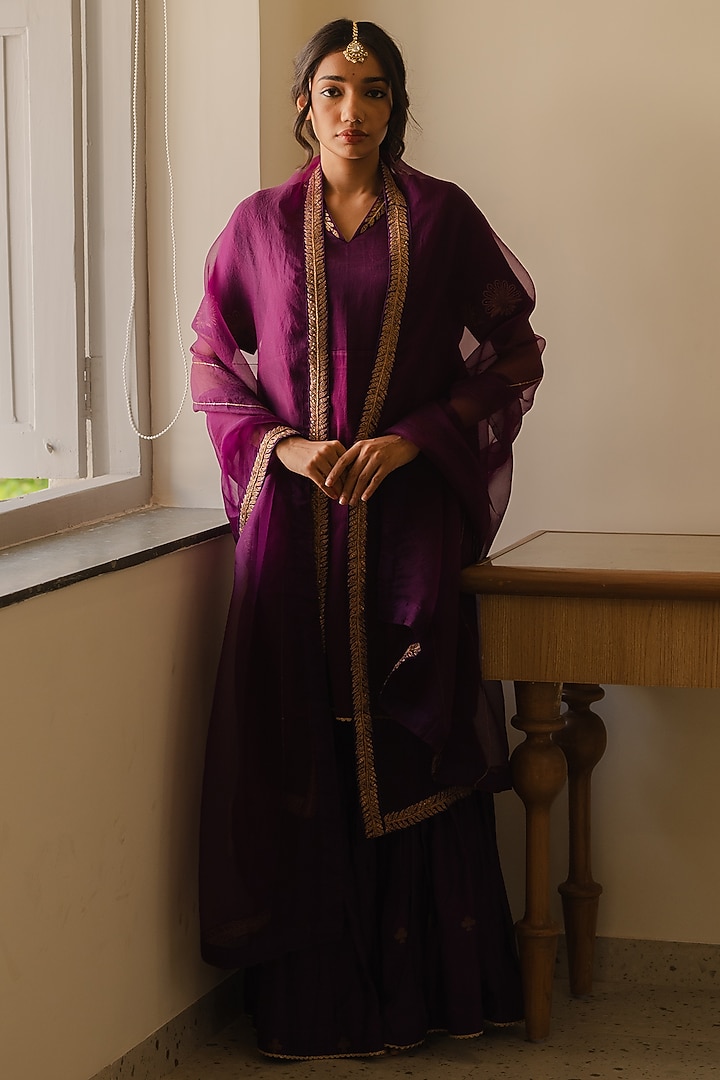 Purple Chanderi Silk Wedding Sharara Set by Kajal Agrawal at Pernia's Pop Up Shop