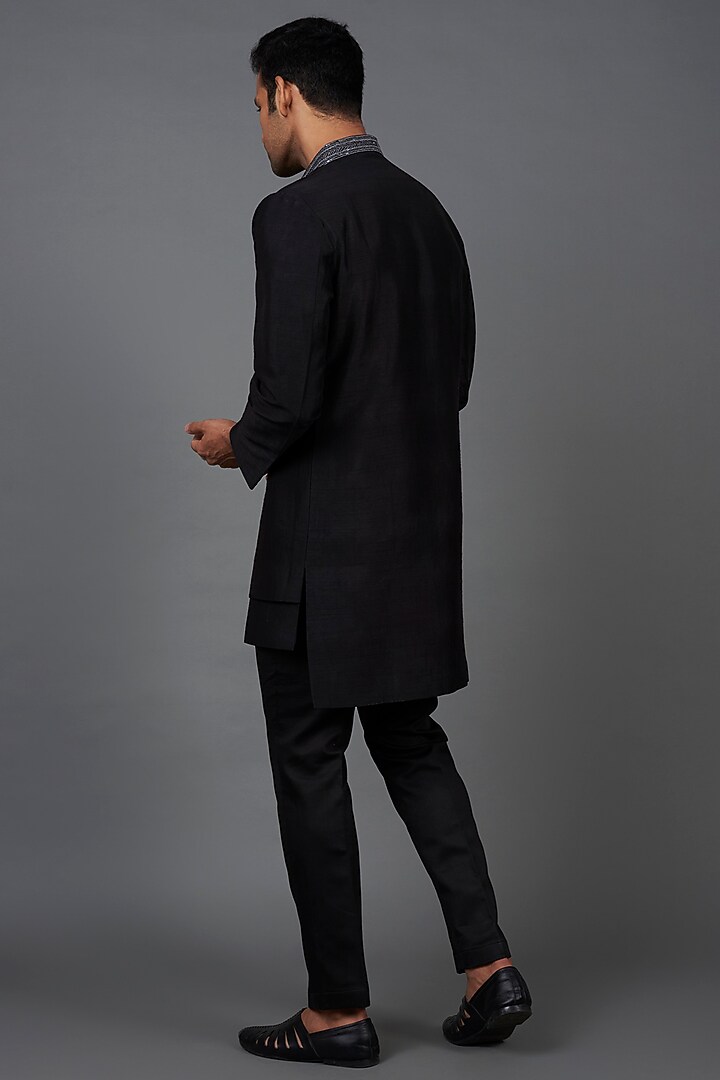 Black Silk Resham Embroidered Asymmetric Wedding Indowestern Set by KSHITIJ CHOUDHARY MEN at Pernia's Pop Up Shop