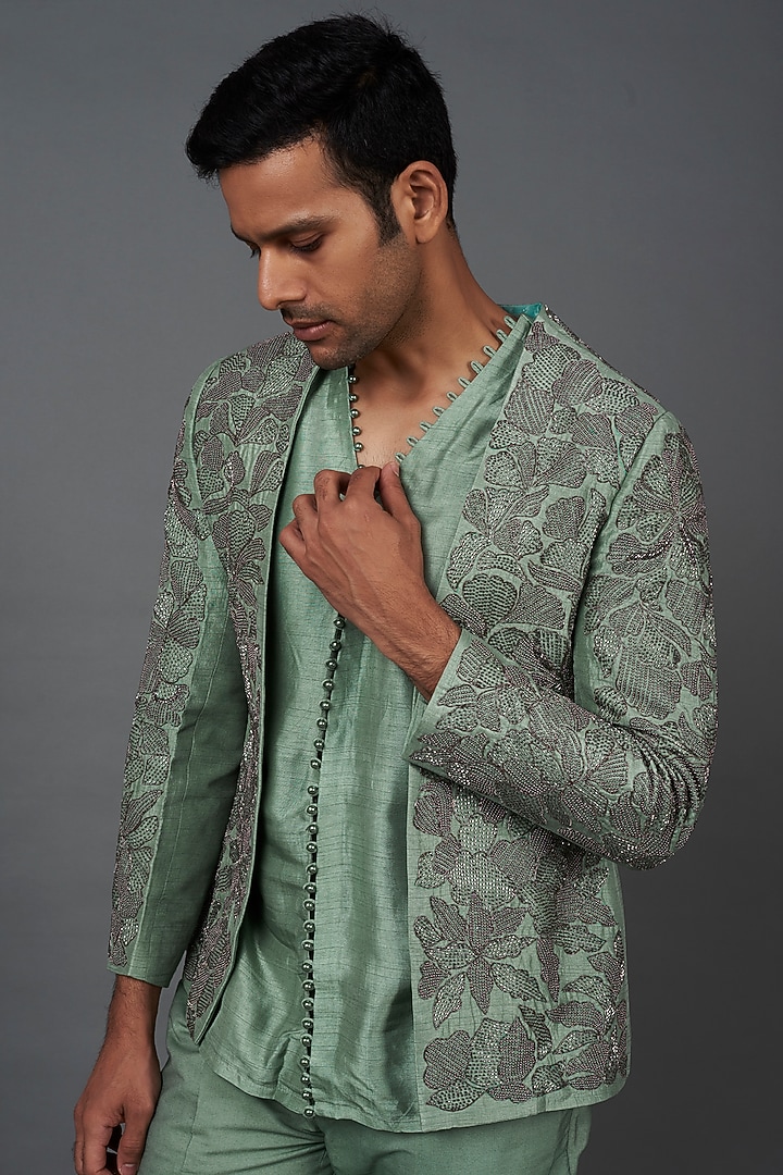 Mint Green Silk Pant Set by KSHITIJ CHOUDHARY MEN at Pernia's Pop Up Shop