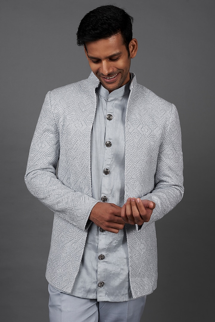 Ice Blue Silk Indo-Western Set by KSHITIJ CHOUDHARY MEN at Pernia's Pop Up Shop