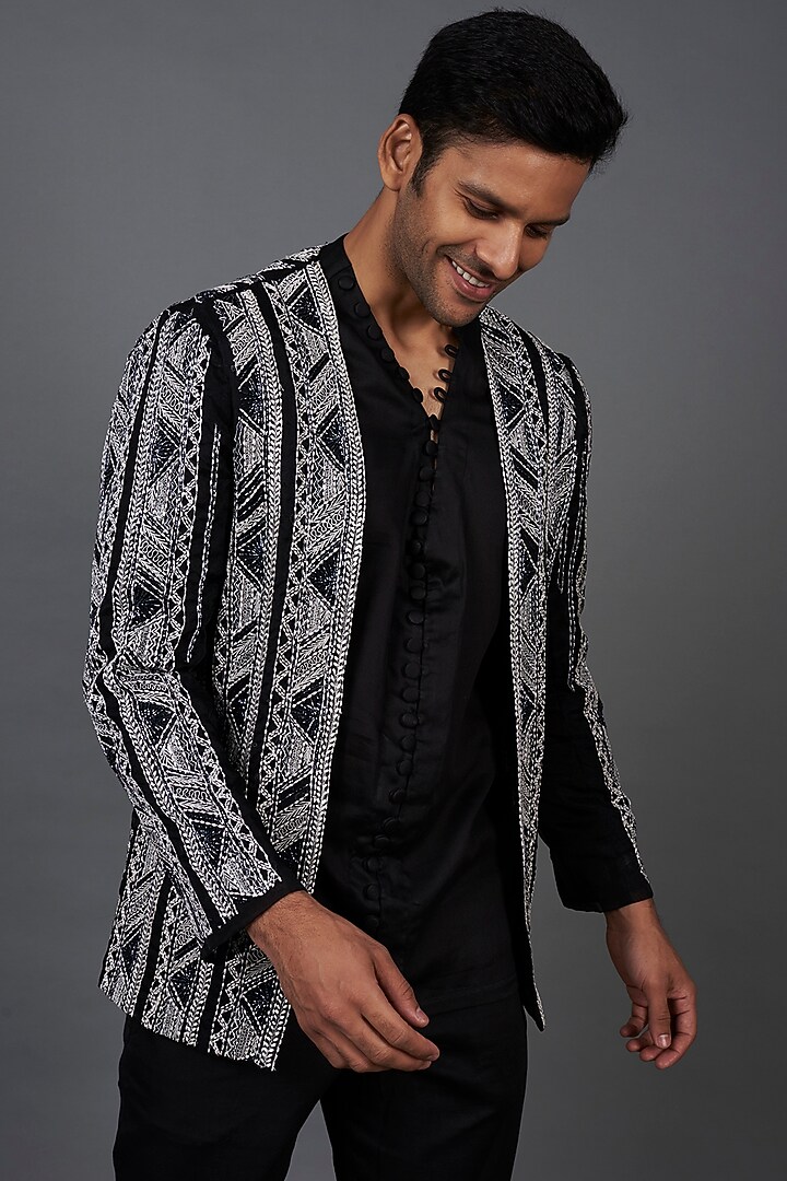 Black & White Organza Embroidered Indo-Western Set by KSHITIJ CHOUDHARY MEN at Pernia's Pop Up Shop