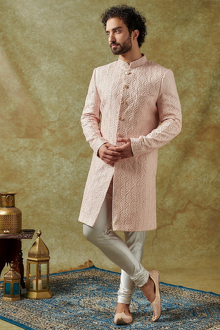 Pastel Pink Silk Cutdana Embrodiered Sherwani Set by KSHITIJ CHOUDHARY MEN
