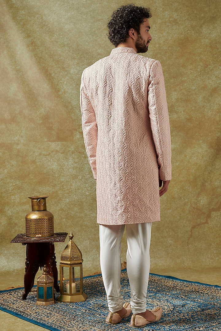Pastel Pink Silk Cutdana Embrodiered Wedding Sherwani Set by KSHITIJ CHOUDHARY MEN at Pernia's Pop Up Shop