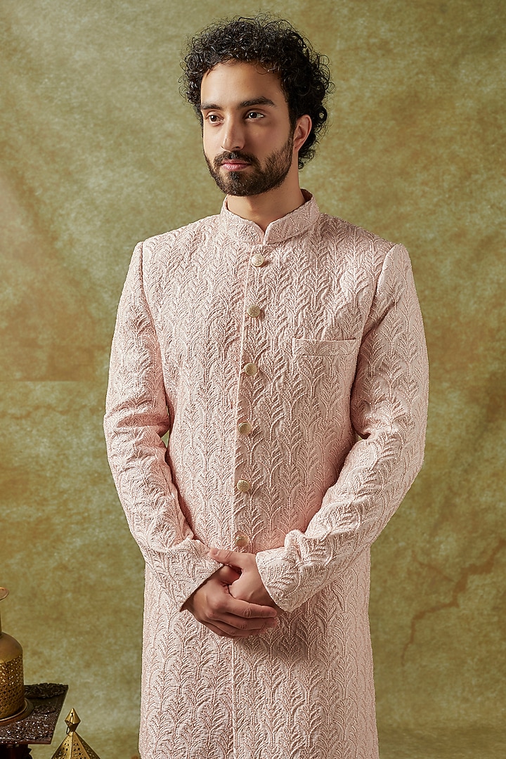 Pastel Pink Silk Cutdana Embrodiered Wedding Sherwani Set by KSHITIJ CHOUDHARY MEN at Pernia's Pop Up Shop