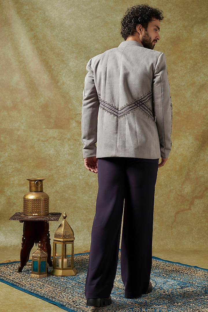Grey Suede Embroidered Wedding Bandhgala Set by KSHITIJ CHOUDHARY MEN at Pernia's Pop Up Shop