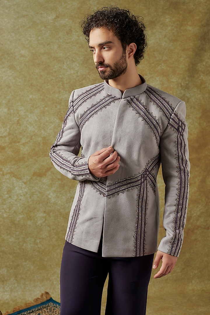 Grey Suede Embroidered Wedding Bandhgala Set by KSHITIJ CHOUDHARY MEN at Pernia's Pop Up Shop