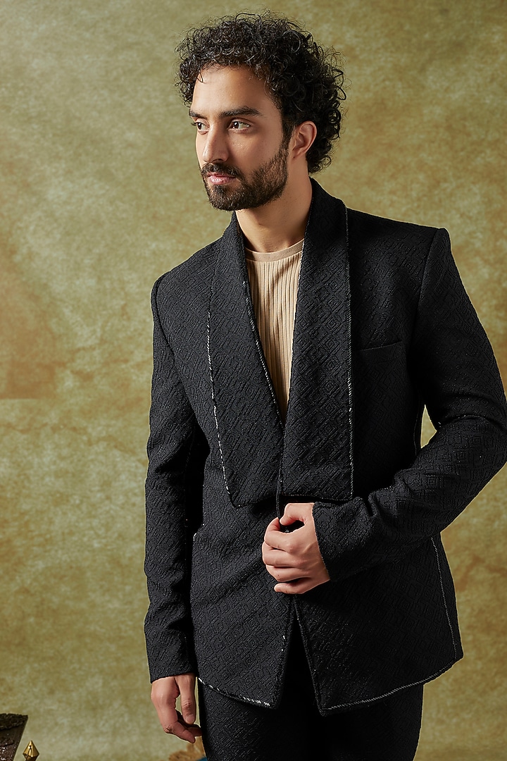 Black Jacquard Embroidered Blazer Set by KSHITIJ CHOUDHARY MEN at Pernia's Pop Up Shop