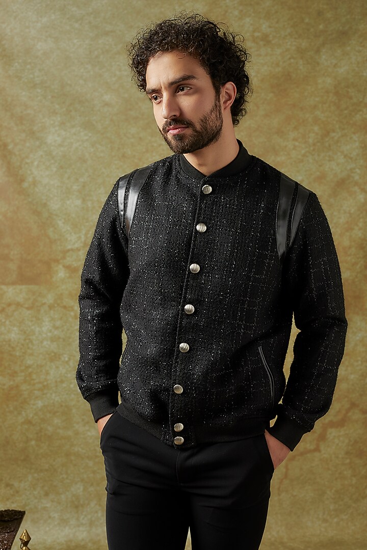 Black Tweed Bomber Jacket Set by KSHITIJ CHOUDHARY MEN at Pernia's Pop Up Shop