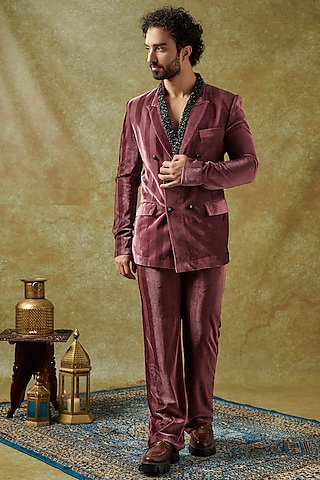 Pink Velvet Embroidered Blazer Set by KSHITIJ CHOUDHARY MEN