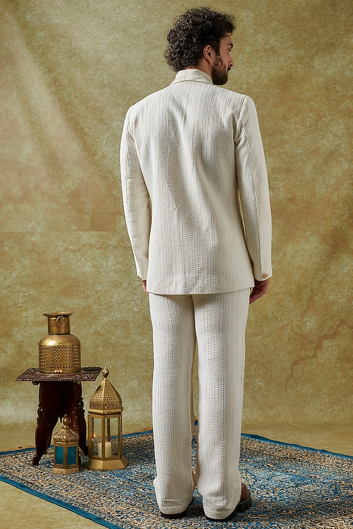 Ivory Silk Resham Work Double Breasted Blazer Set by KSHITIJ CHOUDHARY MEN at Pernia's Pop Up Shop