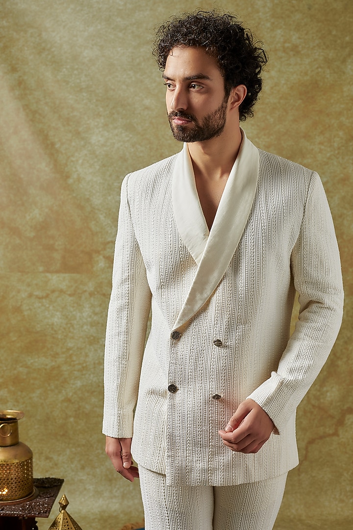 Ivory Silk Resham Work Double Breasted Blazer Set by KSHITIJ CHOUDHARY MEN at Pernia's Pop Up Shop