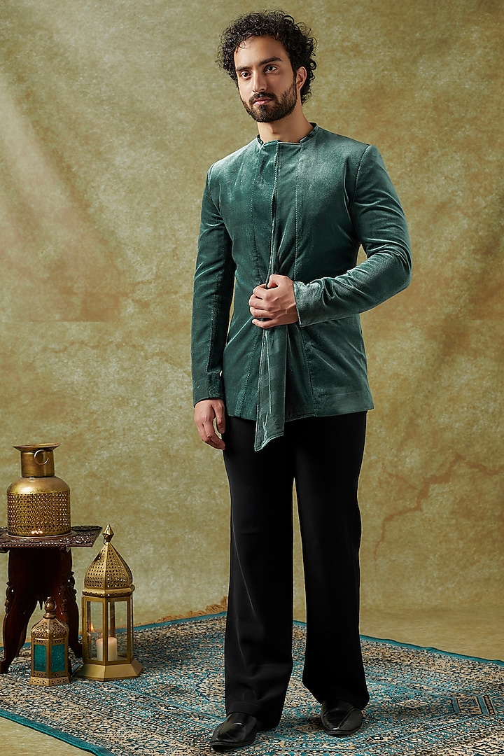 Green Velvet Textured Blazer Set by KSHITIJ CHOUDHARY MEN