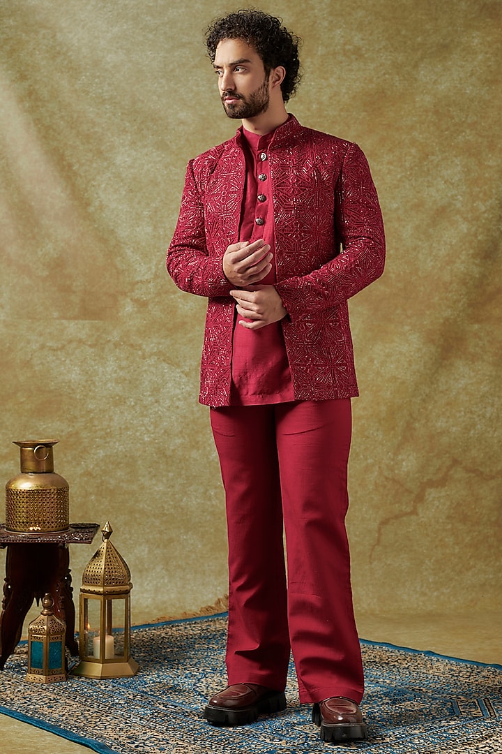 Cherry Red Chanderi Embroidered Indowestern Set by KSHITIJ CHOUDHARY MEN