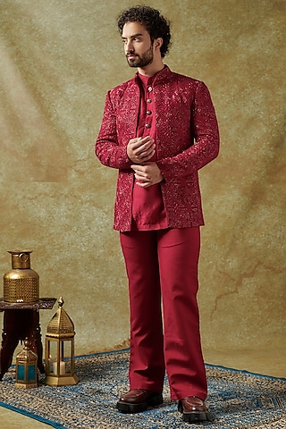 Cherry Red Chanderi Embroidered Indowestern Set by KSHITIJ CHOUDHARY MEN