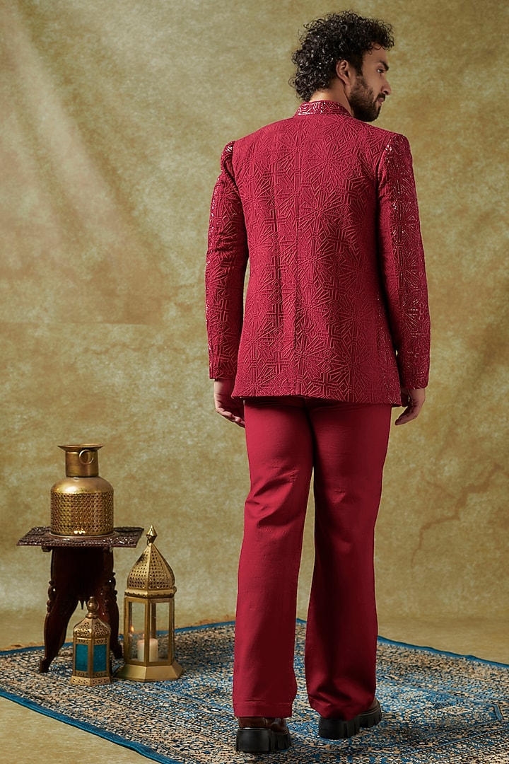 Cherry Red Chanderi Embroidered Wedding Indowestern Set by KSHITIJ CHOUDHARY MEN at Pernia's Pop Up Shop