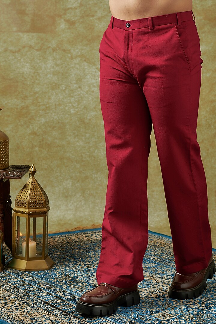 Cherry Red Chanderi Embroidered Wedding Indowestern Set by KSHITIJ CHOUDHARY MEN at Pernia's Pop Up Shop