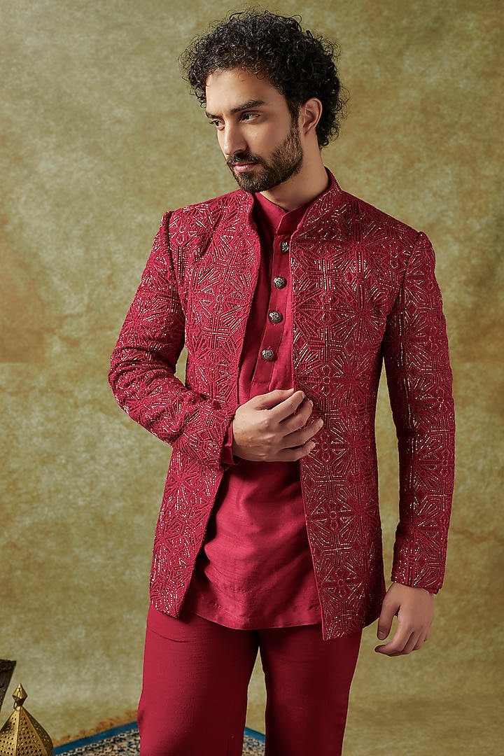 Cherry Red Chanderi Embroidered Wedding Indowestern Set by KSHITIJ CHOUDHARY MEN at Pernia's Pop Up Shop