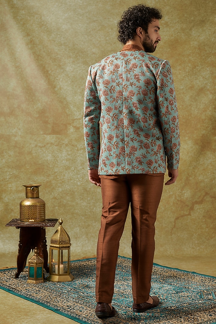 Blue Silk Floral Printed Wedding Indowestern Set by KSHITIJ CHOUDHARY MEN at Pernia's Pop Up Shop