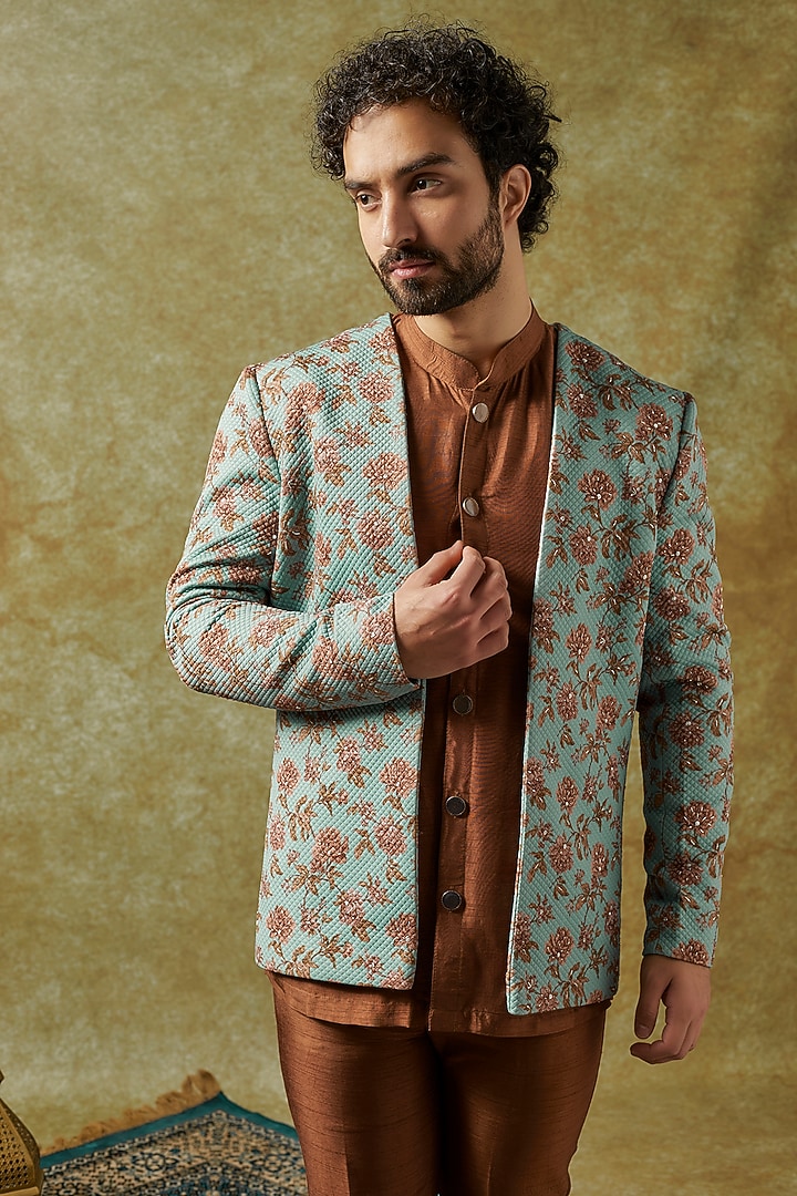 Blue Silk Floral Printed Wedding Indowestern Set by KSHITIJ CHOUDHARY MEN at Pernia's Pop Up Shop