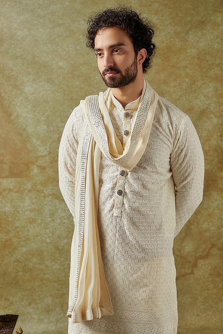 Ivory Cotton Resham Work Kurta Set by KSHITIJ CHOUDHARY MEN at Pernia's Pop Up Shop