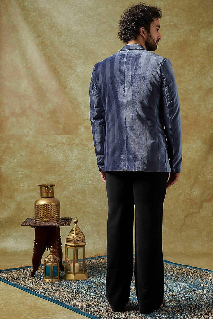 Blue Velvet Textured Blazer Set by KSHITIJ CHOUDHARY MEN at Pernia's Pop Up Shop