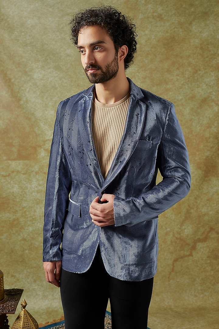 Blue Velvet Textured Blazer Set by KSHITIJ CHOUDHARY MEN at Pernia's Pop Up Shop
