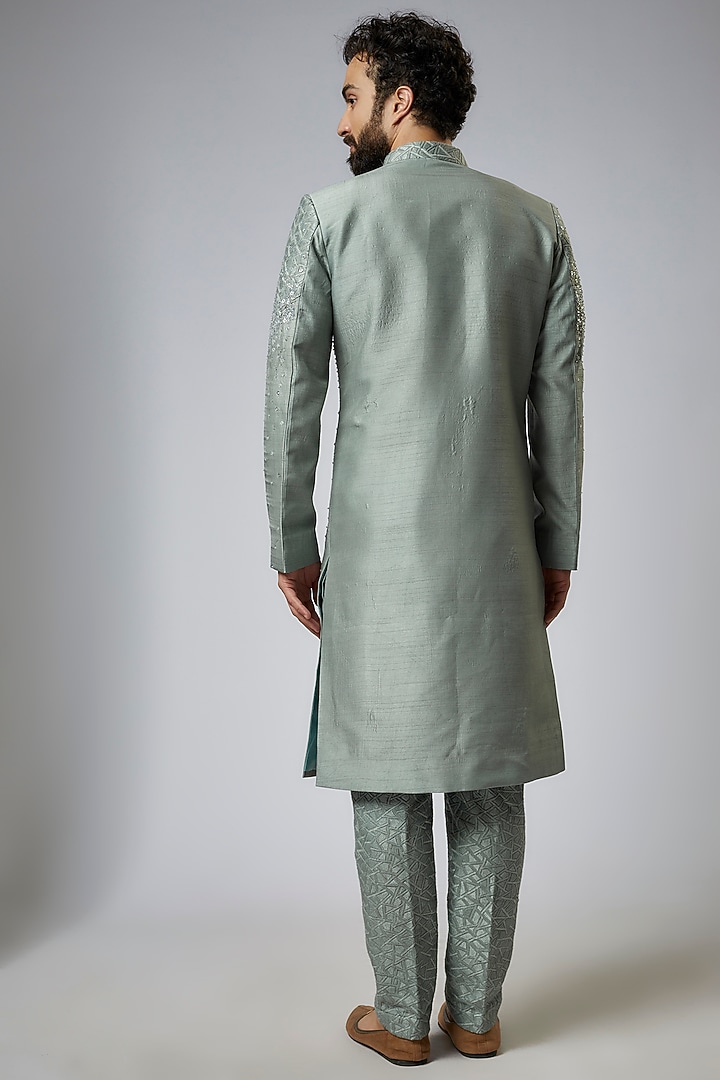 Sage Green Textured Silk Embroidered Wedding Sherwani Set by KSHITIJ CHOUDHARY MEN at Pernia's Pop Up Shop
