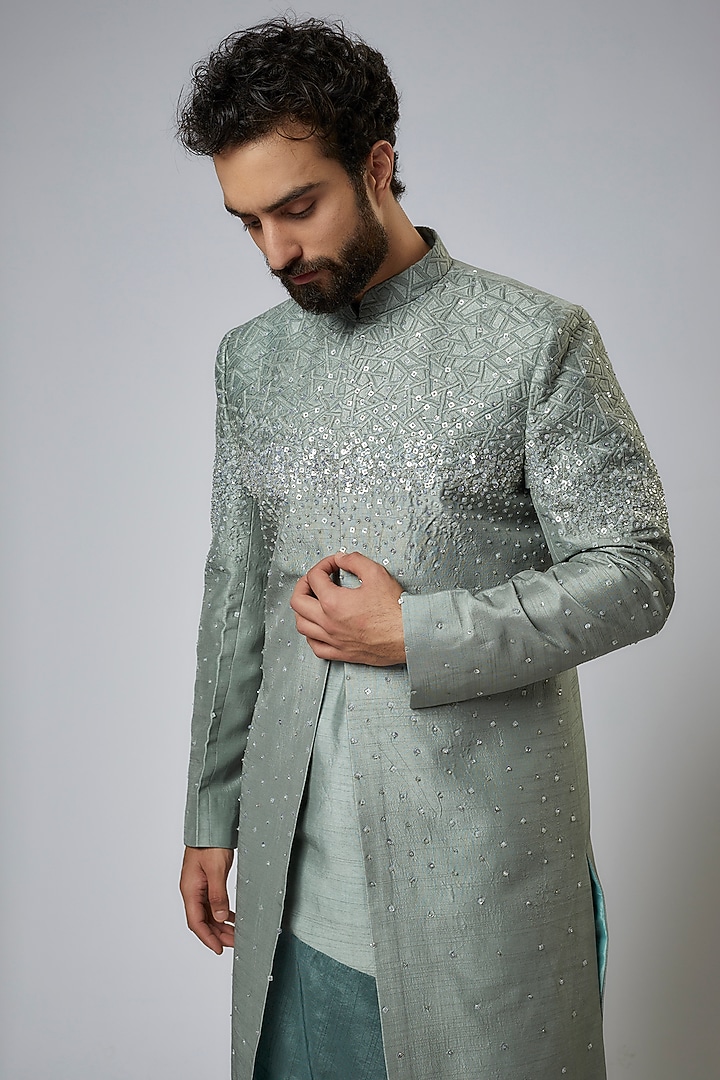 Sage Green Textured Silk Embroidered Wedding Sherwani Set by KSHITIJ CHOUDHARY MEN at Pernia's Pop Up Shop